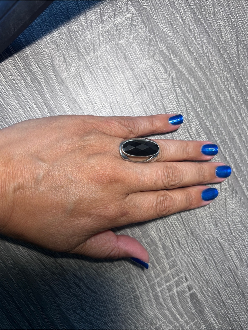 Faceted Black Onyx Silver-Tone Oval Ring - Women's Fashion